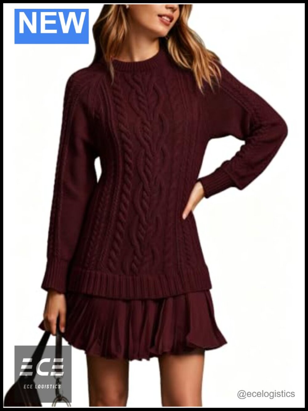 Cable Knit Long Sleeve Pleated A-Line Mini Sweater Dress